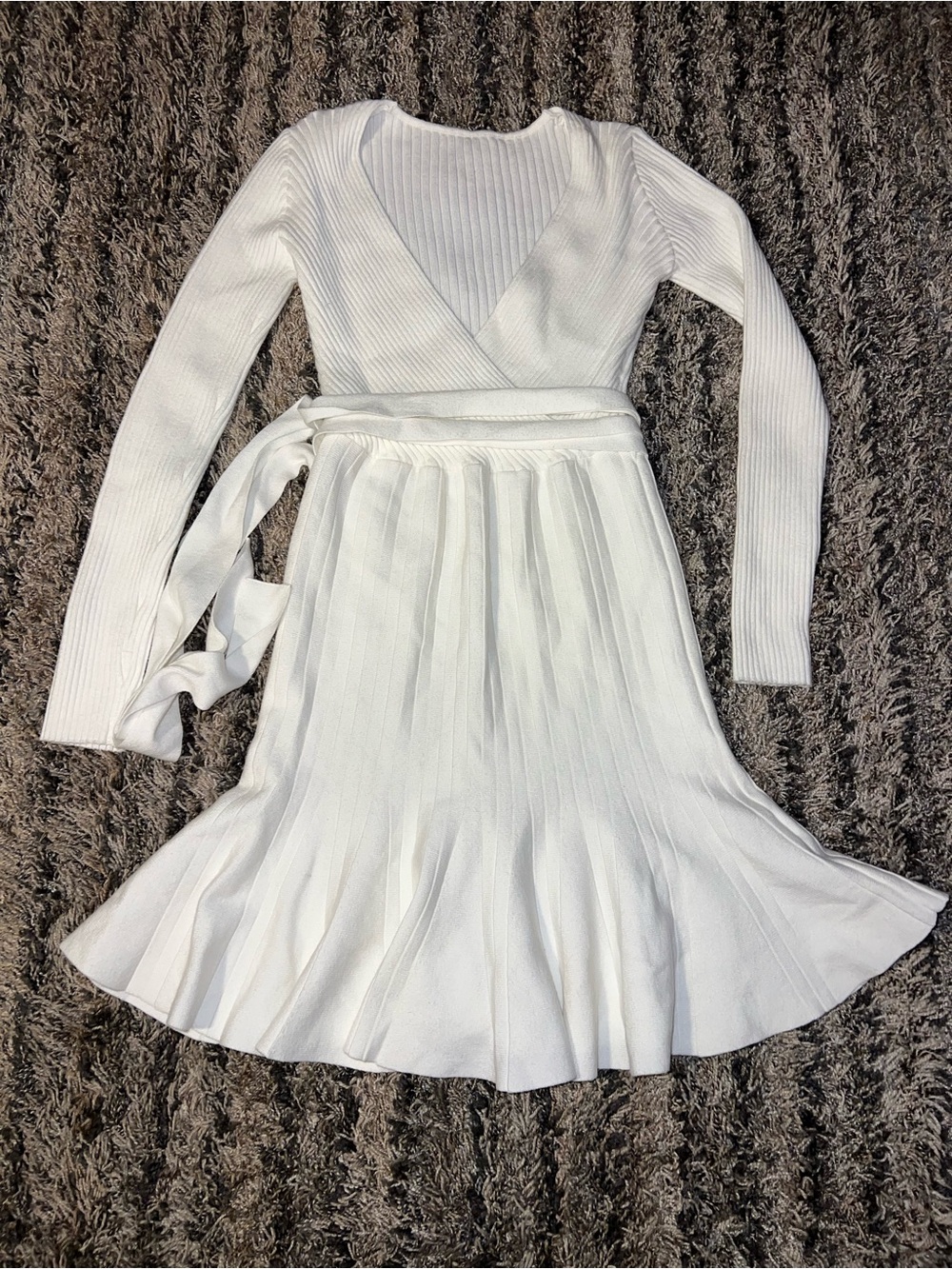 White Long-Sleeve Wrap Knit Dress with Tie Waist